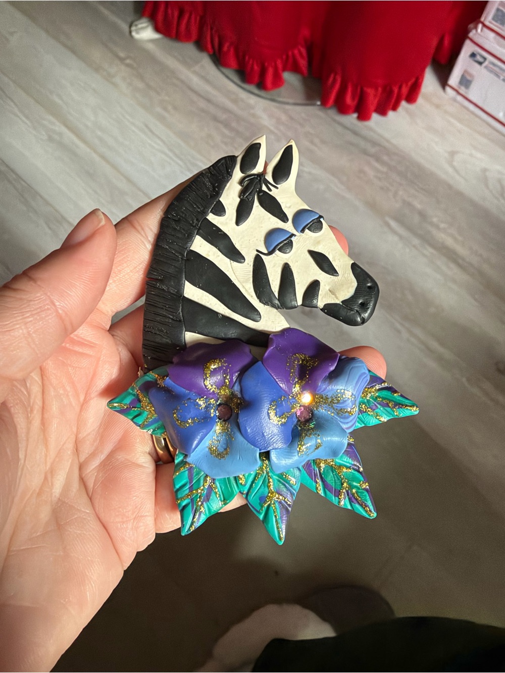 Handcrafted Zebra Head Floral Brooch in Black, White & Purple brooch